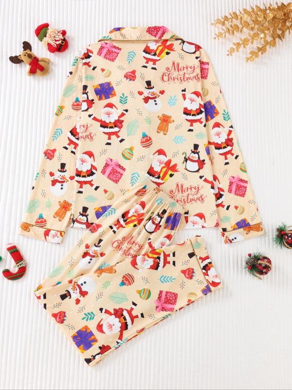 Two-piece Set Women's Christmas Print Button Front Pocket Shirt & Elastic Waist Pants Pyjama, Casual Comfy Long Sleeve Collared Top & Trousers Pyjama Set, Women's Sleepwear for Spring & Fall