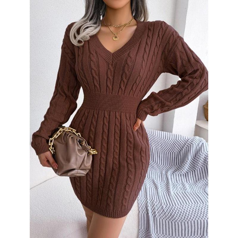 Women's Cozy V-Neck Cable Knit Sweater Dress – Soft Textured Drop Shoulder Long Sleeve Dress for Fall & Winter
