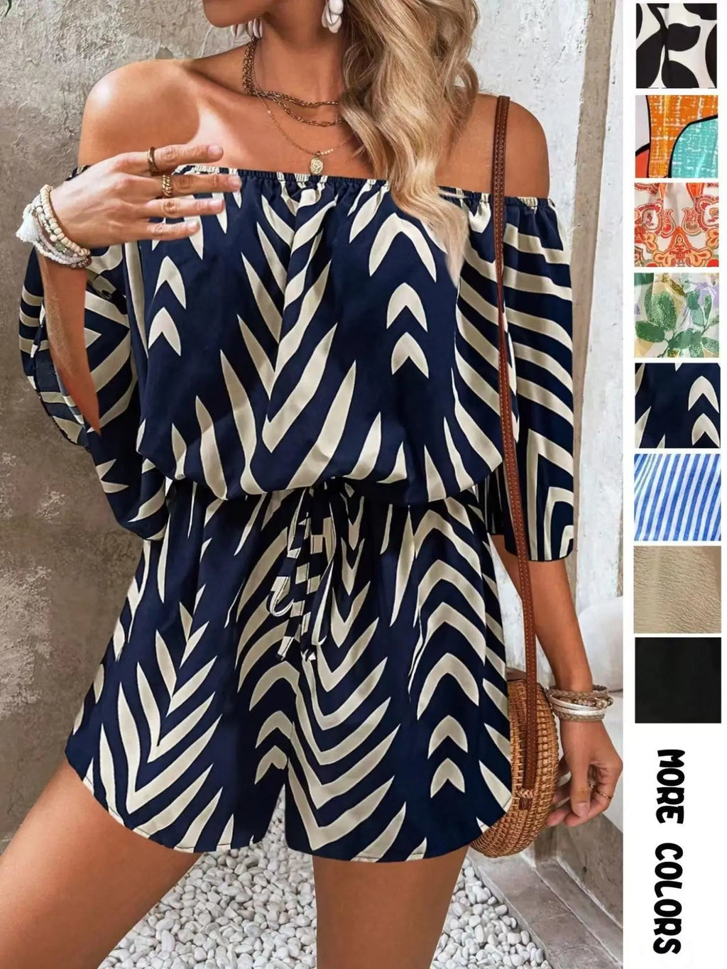 Women's Leaf Print Off Shoulder Tie Front Romper, Casual Flounce Sleeve Romper for Summer, Fashion Women's Clothing for Beach Holiday Vacation