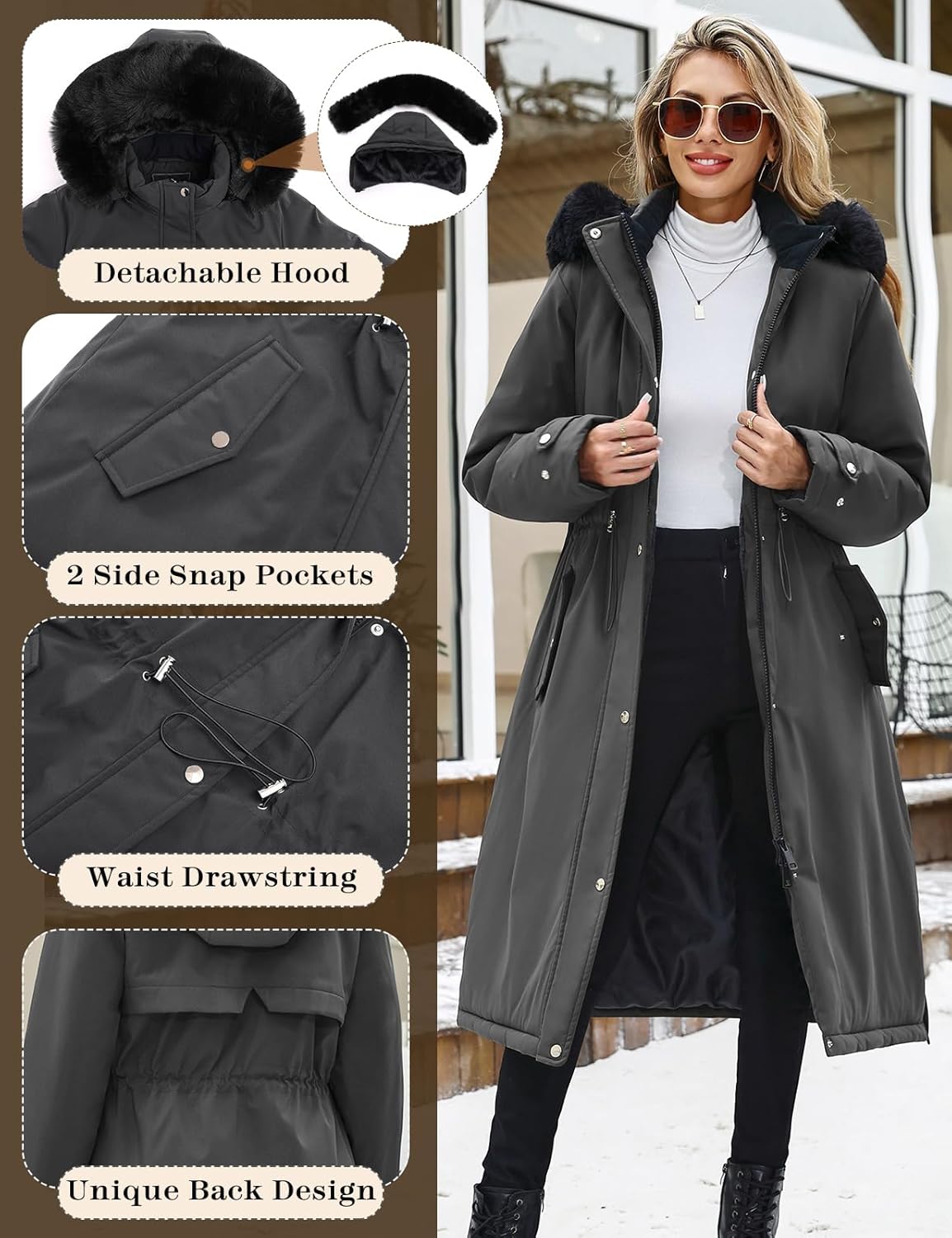 Women's Long Coats Winter Fleece Lined Warm Long Jackets for Women, Water Repellent Windproof Parka Coat Zip Up Button Drawstring Waist Overcoat with Pockets and Detachable Hood