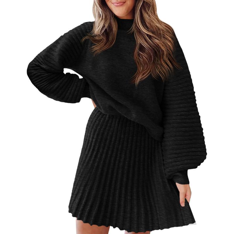 Women's 2 Piece Outfits 2025 Long Sleeve Mock Neck Ribbed Sweaters And Mini Skirt Two Piece Sets
