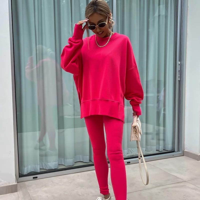 Oversize Two-Piece Set Women's  Split Hem Sweatshirt & Skinny Pants, Casual Fashion Cozy Round Neck Long Sleeve Pullover Women's Clothing for Fall & Basic Winter  Suits Womenswear Gamis