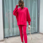 Oversize Two-Piece Set Women's  Split Hem Sweatshirt & Skinny Pants, Casual Fashion Cozy Round Neck Long Sleeve Pullover Women's Clothing for Fall & Basic Winter  Suits Womenswear Gamis