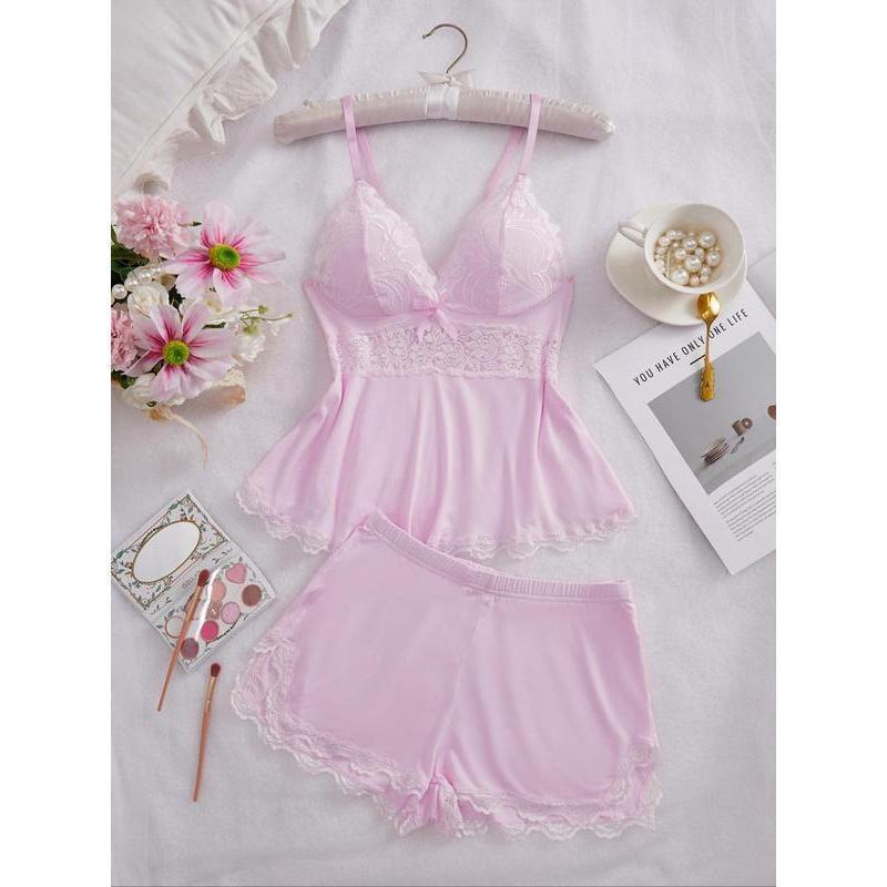 Women's Solid/leopard Print Strap Cami Top & Lace Trim Shorts Pyjama Two-piece Set, Casual Comfy Camisole & Shorts Pj Set, Ladies Sleepwear for All Seasons, Loungewear, Pajamas, Womenswear