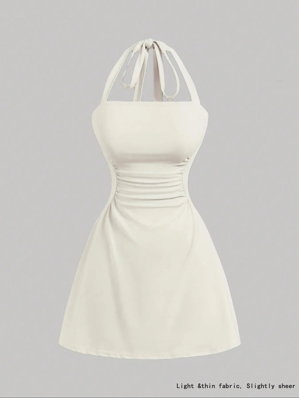 Women's Plain Ruched Tie Back Halter Neck Dress