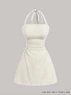 Women's Plain Ruched Tie Back Halter Neck Dress