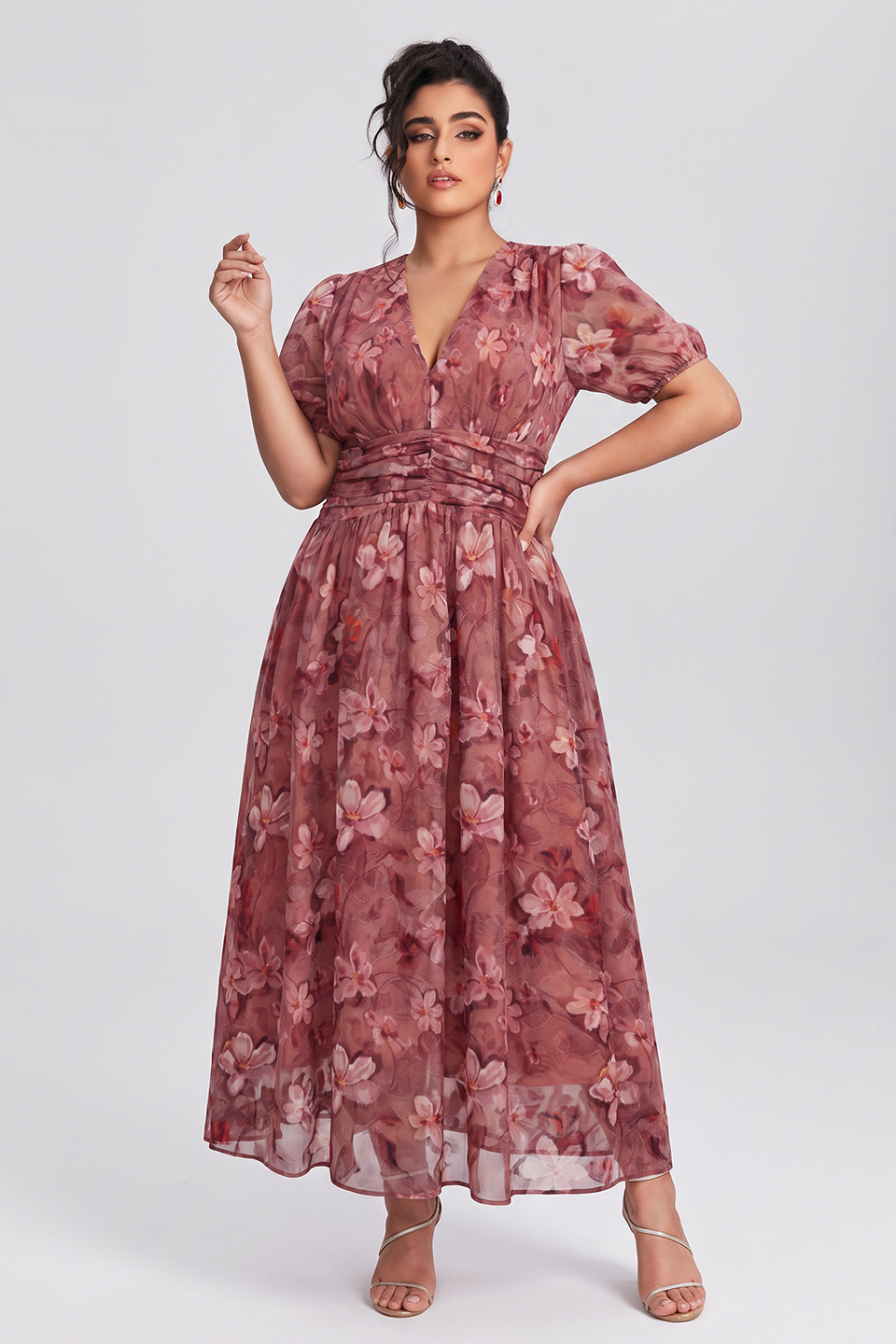 Curveins Plus Size V Neck Short Sleeve Floral Ruched Waist Flowy Elegant Maxi Dress