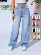 Women's Elastic Waist Pocket Button Denim Jeans, Casual Fashion Comfortable Pants for All Seasons, Perfect for Any Leisure Occasion, Denim Clothing