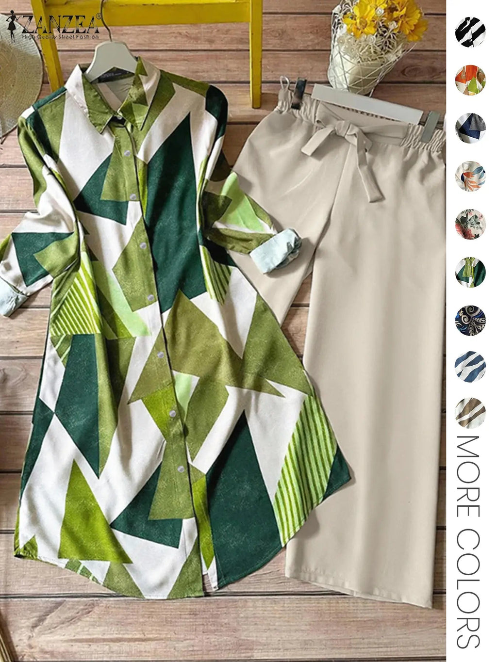 Two-piece Set Women's All Over Print Button Shirt & Wide Leg Pants, Casual Long Sleeve Collared Top & Trousers for Daily Wear, Ladies Clothes for All Seasons