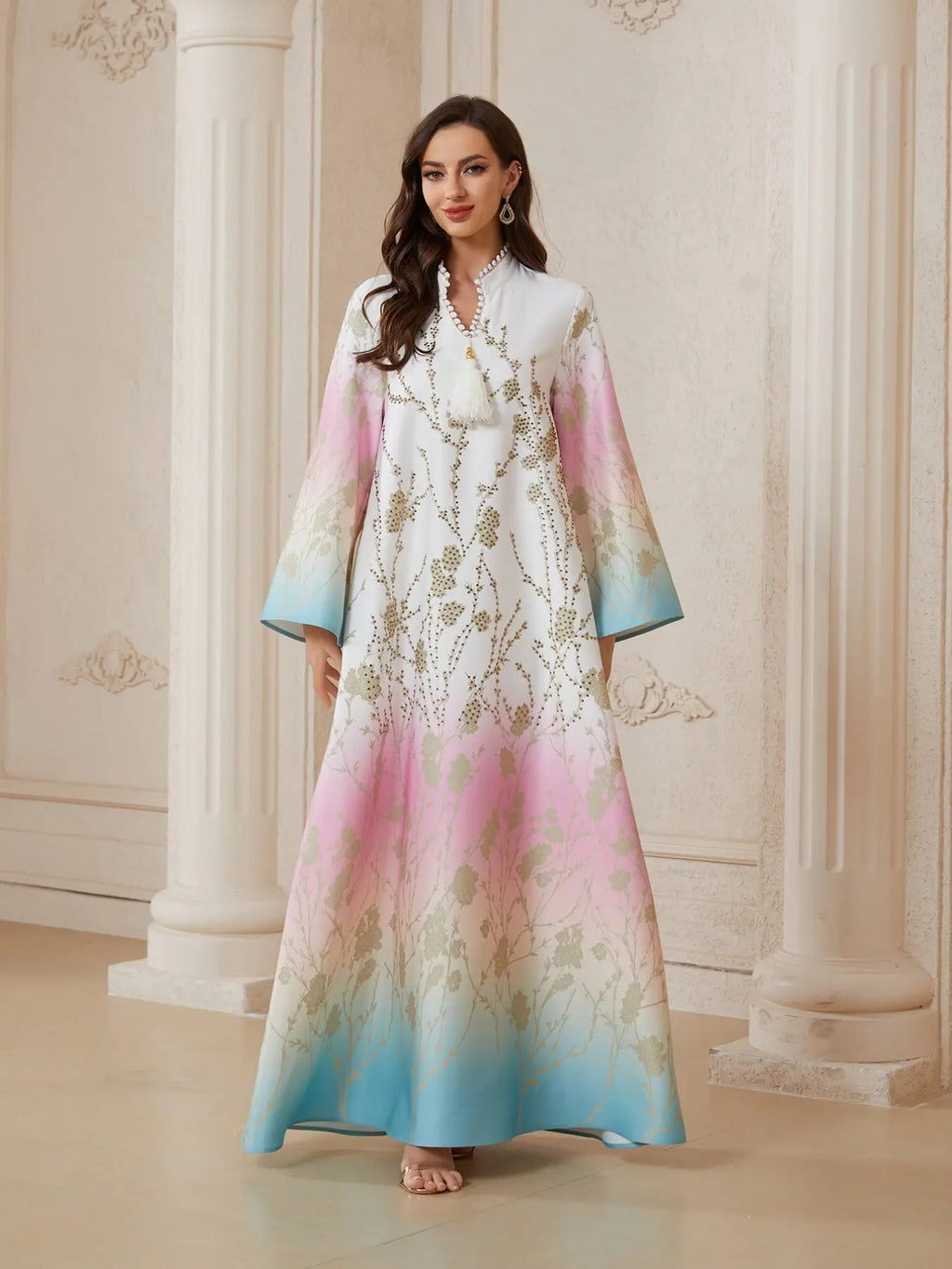 Women's V Neck Long Dress, All-Season Loose Fit A-Line Jalabiya, Soft 75D Stretch Fabric, Elegant Arabic Clothing