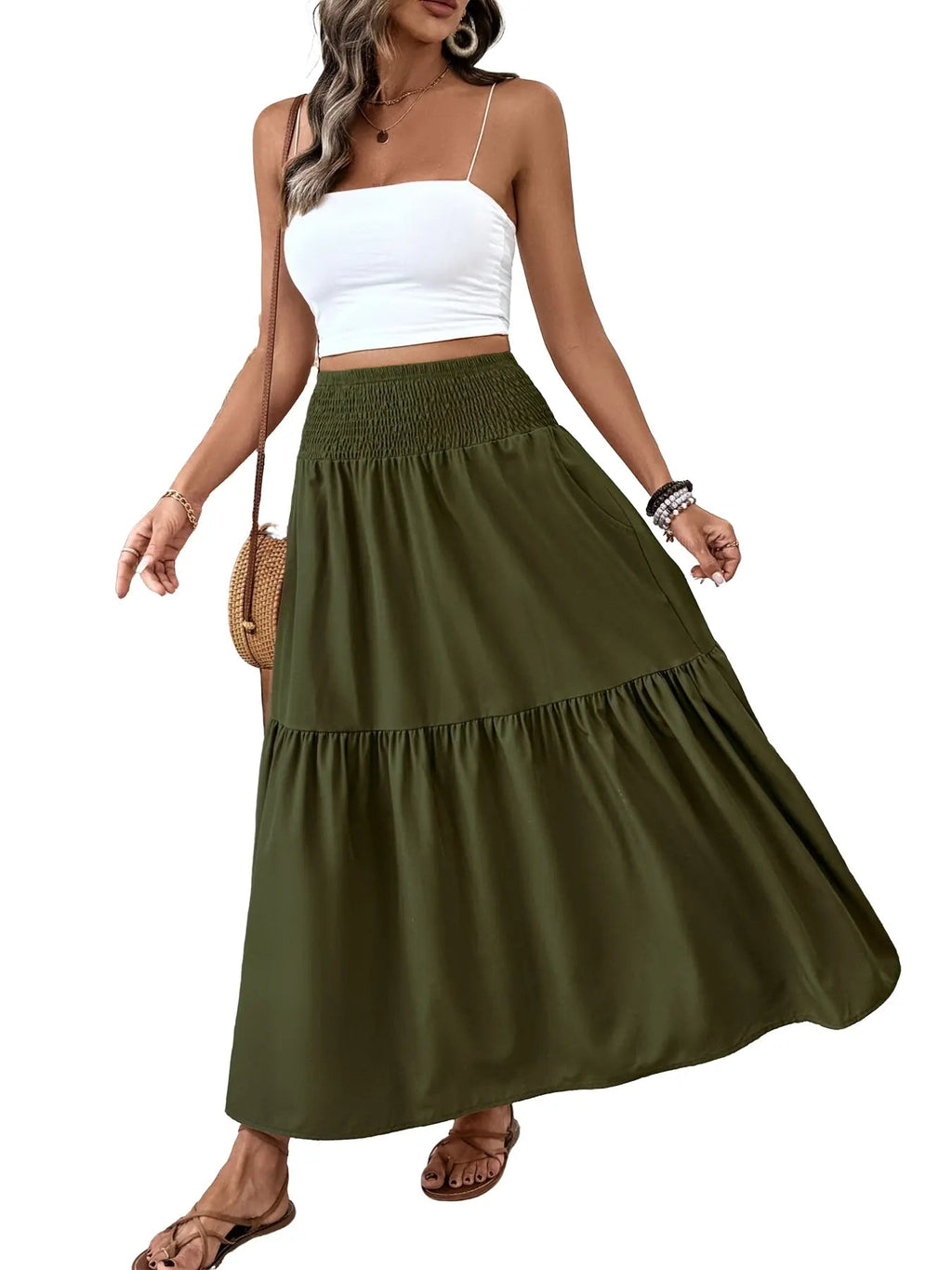 Women's Floral Casual A-Line Skirt, Elastic Waist Pockets, Leaf Hem, Long Fitted Skirt, Fashionable Mid-Length Dress