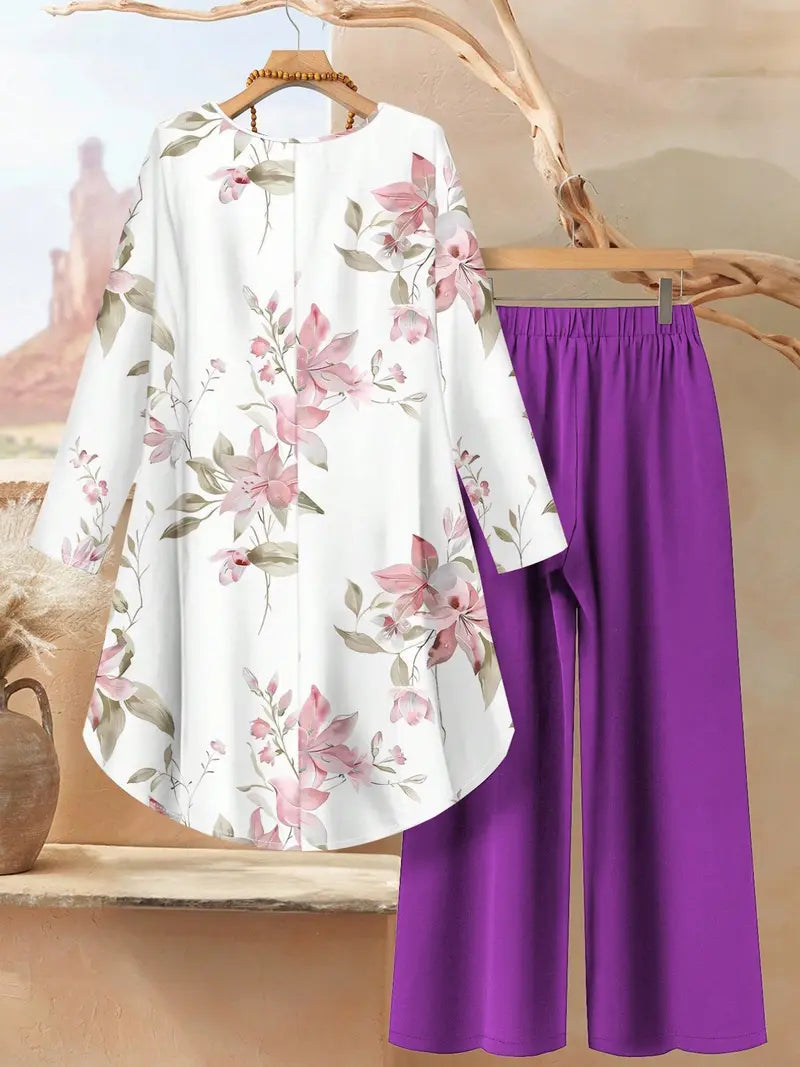 Women's Round Neck Irregular Long- Sleeved Fitted Top and Elastic Waist Solid Color Wide- Leg Pants Two-piece Matching Set, Suitable for Beach, Daily Outings, Holidays, Home, Casual Wear