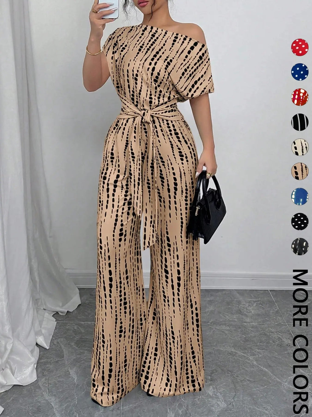 Women's All Over Print Tie Front   Jumpsuit, Casual Asymmetrical Neck   Jumpsuit for Spring & Fall, Women's Clothes for Daily Wear