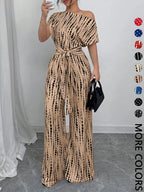 Women's All Over Print Tie Front   Jumpsuit, Casual Asymmetrical Neck   Jumpsuit for Spring & Fall, Women's Clothes for Daily Wear
