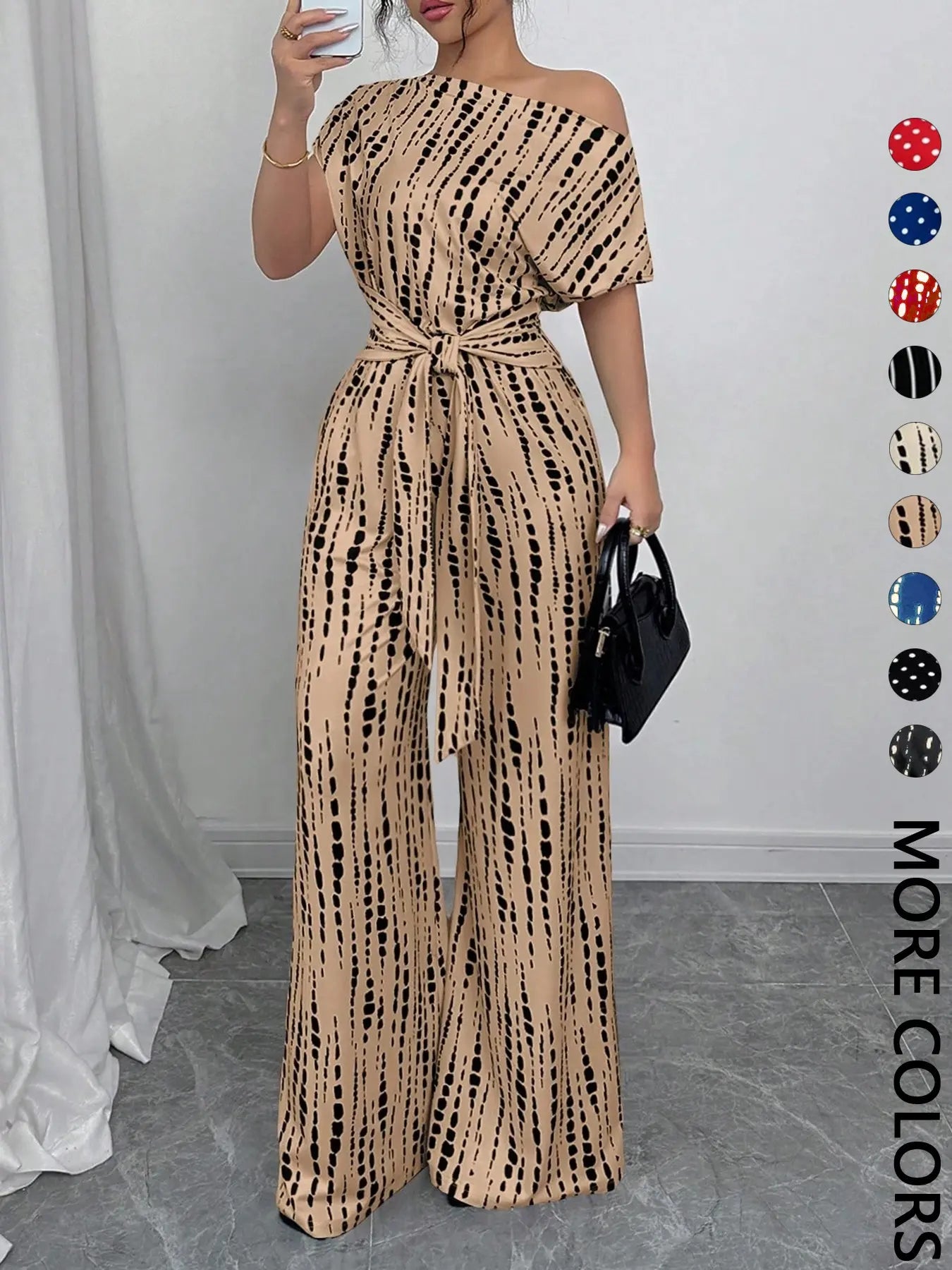 Women's All Over Print Tie Front   Jumpsuit, Casual Asymmetrical Neck   Jumpsuit for Spring & Fall, Women's Clothes for Daily Wear