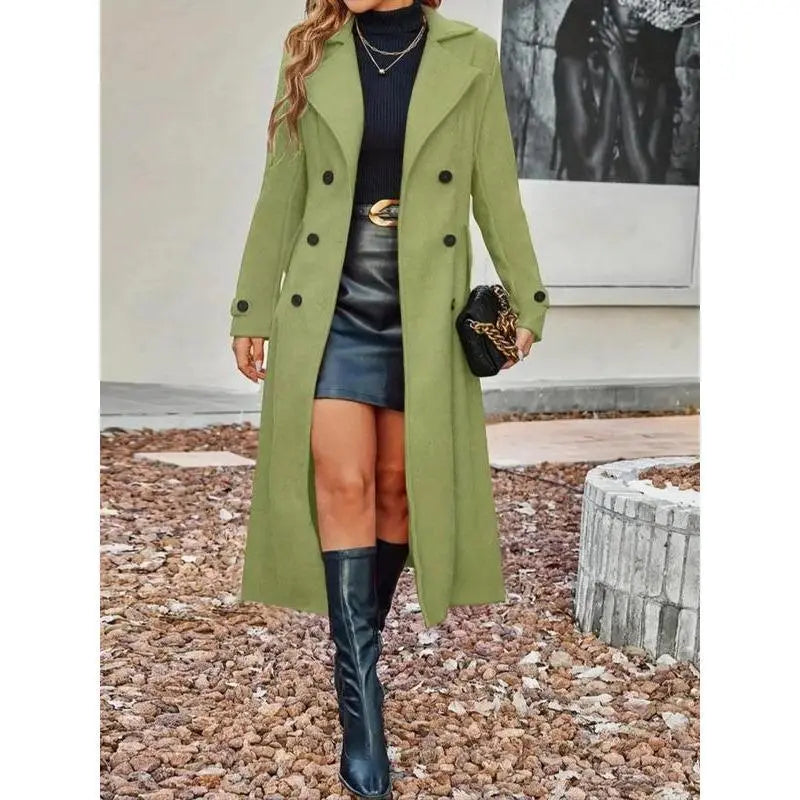 Women Winter Wool Blend Mid-Long Coat Notch Double-Breasted Lapel Jacket Outwear, Women's Solid Double Button Lapel Woolen Coat, Elegant Long Sleeve Long Coat for Women Outerwear Grey