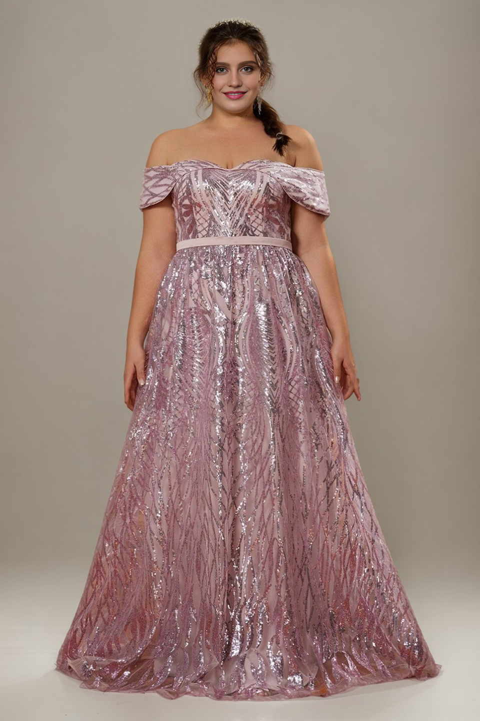 Curveins Plus Size Off-Shoulder Textured Sequin Waist-Defined Maxi Dress
