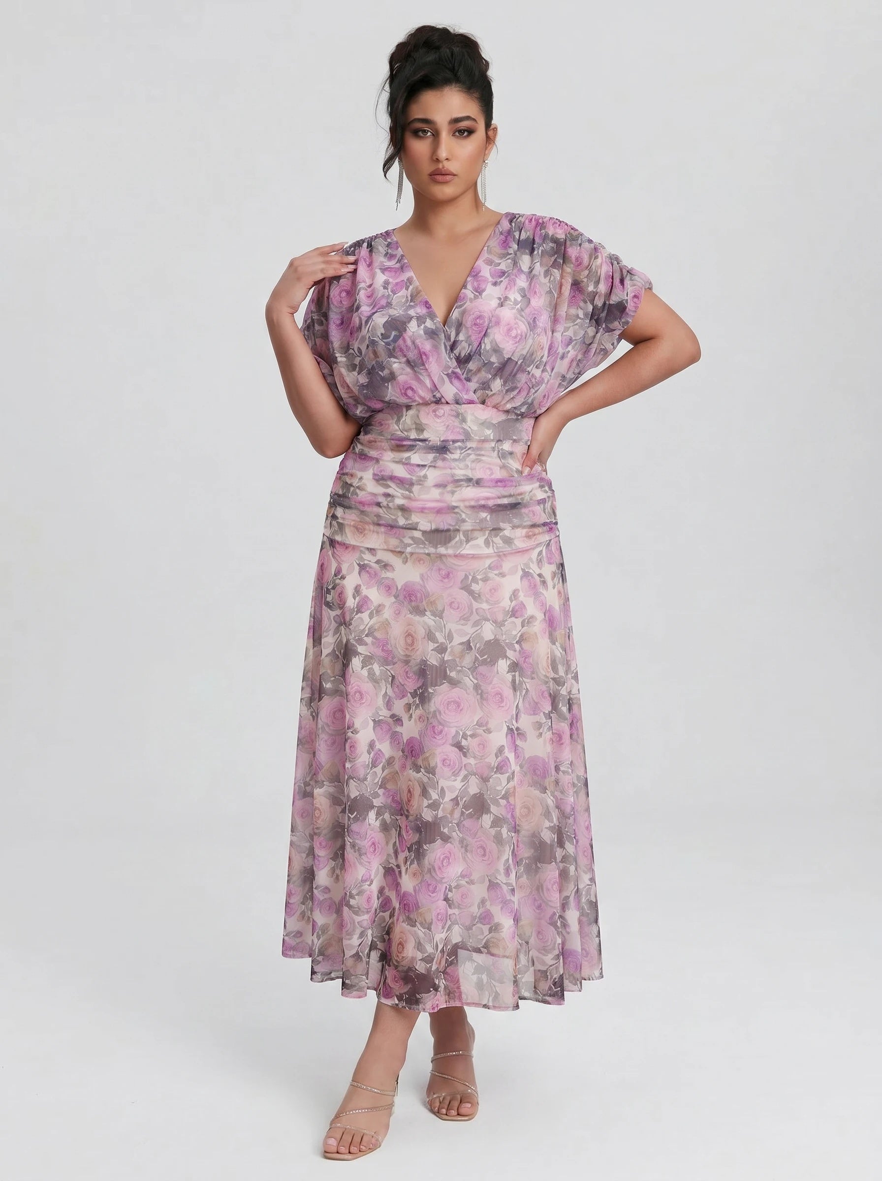 Curveins Plus Size V Neck Puff Sleeve Waist Defining Floral Print Elegant Maxi Dress