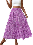 Women's Floral Casual A-Line Skirt, Elastic Waist Pockets, Leaf Hem, Long Fitted Skirt, Fashionable Mid-Length Dress