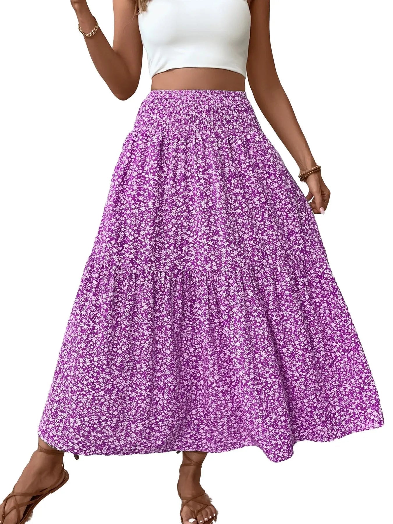 Women's Floral Casual A-Line Skirt, Elastic Waist Pockets, Leaf Hem, Long Fitted Skirt, Fashionable Mid-Length Dress