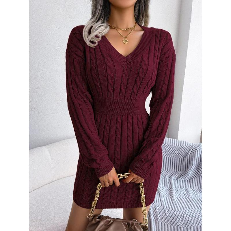 Women's Cozy V-Neck Cable Knit Sweater Dress – Soft Textured Drop Shoulder Long Sleeve Dress for Fall & Winter