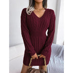 Women's Cozy V-Neck Cable Knit Sweater Dress – Soft Textured Drop Shoulder Long Sleeve Dress for Fall & Winter