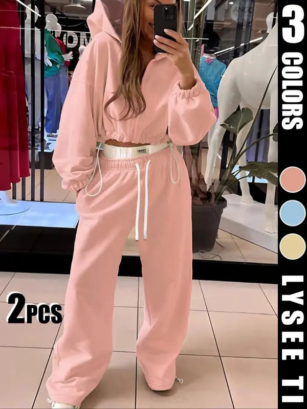 Women's Fashion Solid Color Casual Sports Style Drawstring Waist Hoodie Loose Set