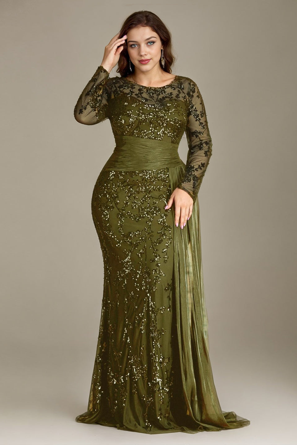 Curveins Plus Size Round Neck Embroidered Tie-Sash Bodycon Maxi Dress