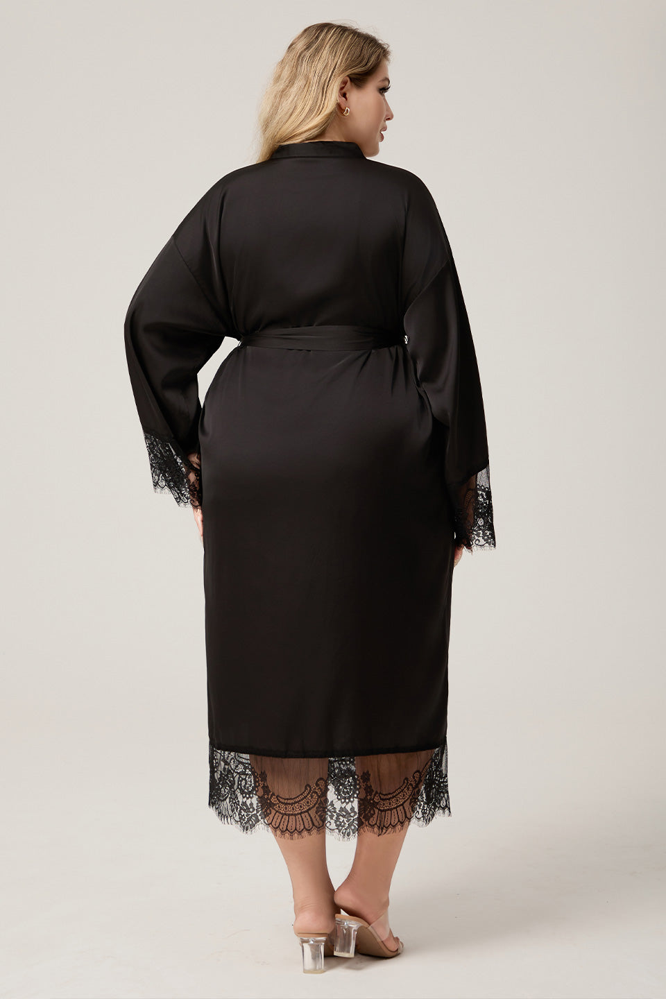 Curveins Plus Size Lace Trim Satin Chiffon Long Sleeve Soft Sleepwear Robe