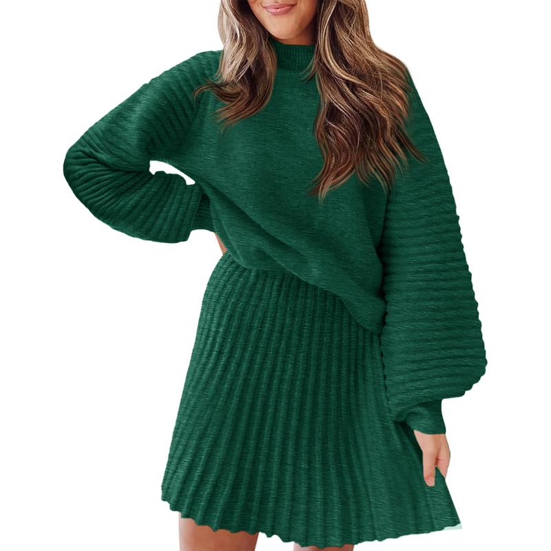 Women's 2 Piece Outfits 2025 Long Sleeve Mock Neck Ribbed Sweaters And Mini Skirt Two Piece Sets