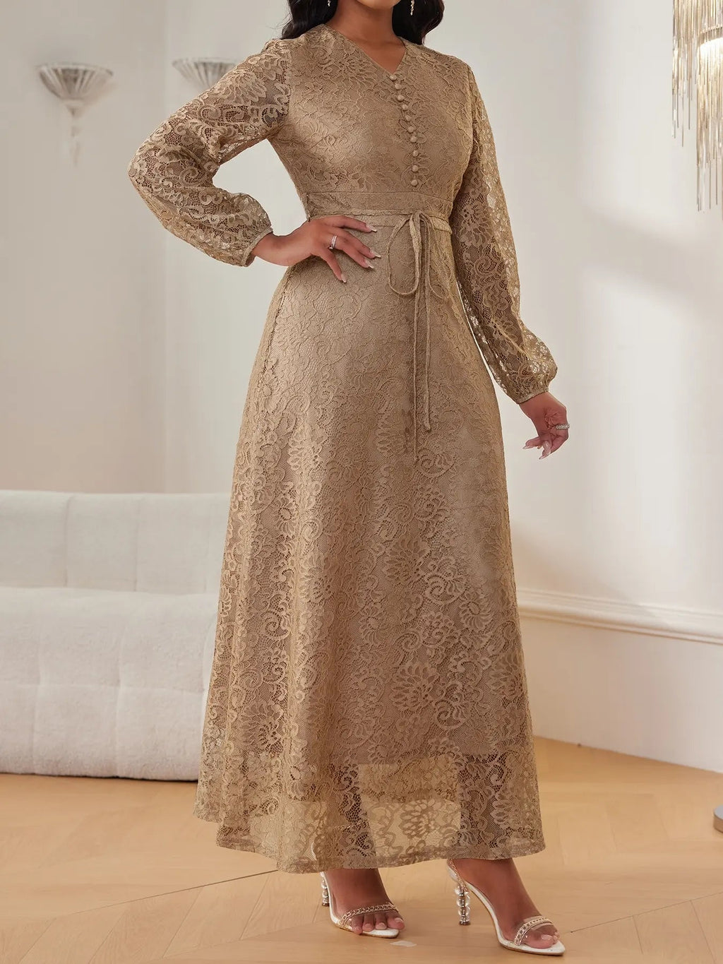 Women's Lace V-Neck Long Sleeve Dress, Elegant Chic Belted Waist, Slim Fit, Plain Color, Wedding Evening Formal Occasion, Spring & Fall