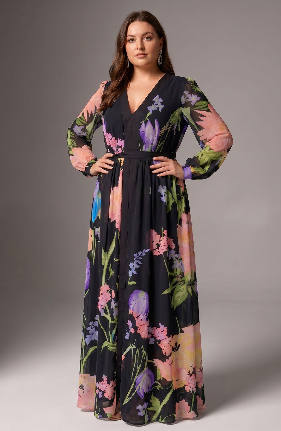 Curveins Plus Size V Neck Floral Long Sleeve Waist Tie Elegant Maxi Dress