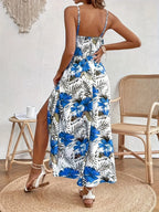 Women's Summer Holiday V-Neck Sleeveless Tropical Print Bohemian Maxi Dress with High Side Slit