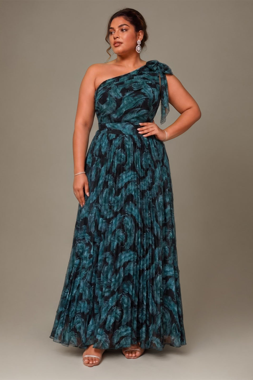 Curveins Plus Size One Shoulder Striped Cinched Waist Elegant Flowing Maxi Dress
