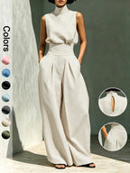 Women's Two-Piece Set High Neck Sleeveless Top and Long Pants, Elegant Style High Waist Wide Leg Pants Set, Fashionable Ladies