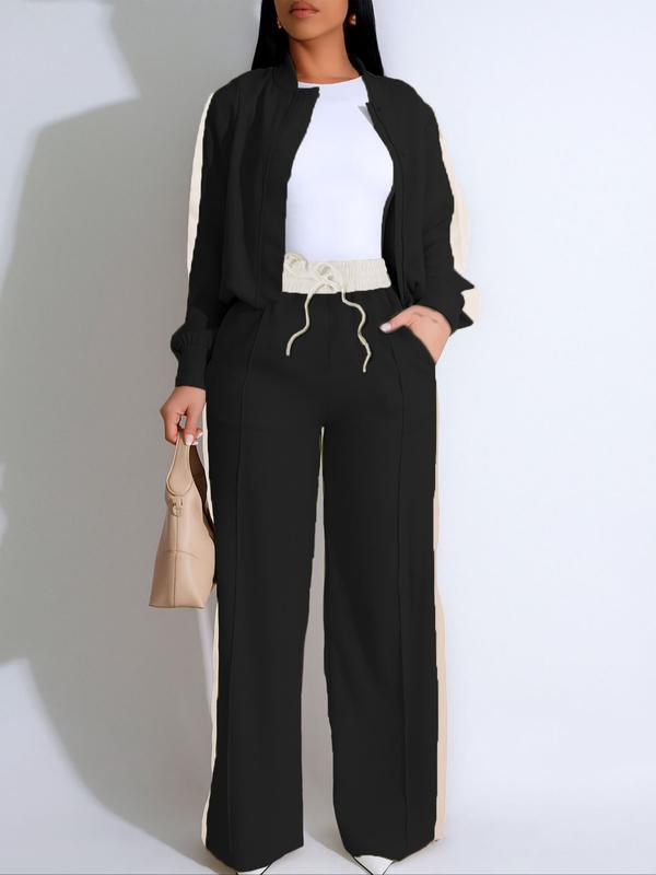 Two-piece Set Women's Patchwork  Top & Wide Leg Pants Set, Casual Long Sleeve  Outerwear & Pants for Daily Wear, Ladies Summer Clothes