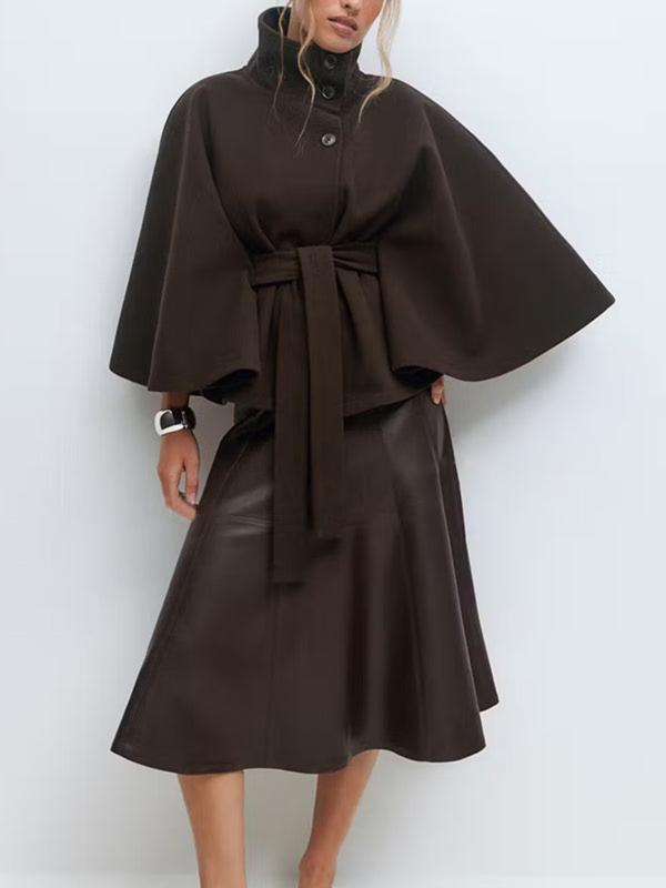 Women's Plain Front Buckle Belted Woolen Cape Coat, Casual Fall & Winter Outerwear, Stylish Daily Wear for Dating, Jackets