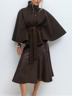 Women's Plain Front Buckle Belted Woolen Cape Coat, Casual Fall & Winter Outerwear, Stylish Daily Wear for Dating, Jackets