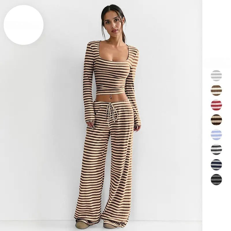 Women's Slouchy Square Neck Stripe Long Sleeve Crop Top & Low-Rise Wide Leg Trousers Co-ord, Minimalist Two Piece Outfits, Cozy Womenswear