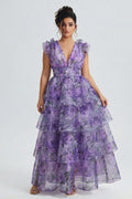 Curveins Plus Size V-Neck Sleeveless Floral Tiered Maxi Dress with Decorative Shoulder Detail