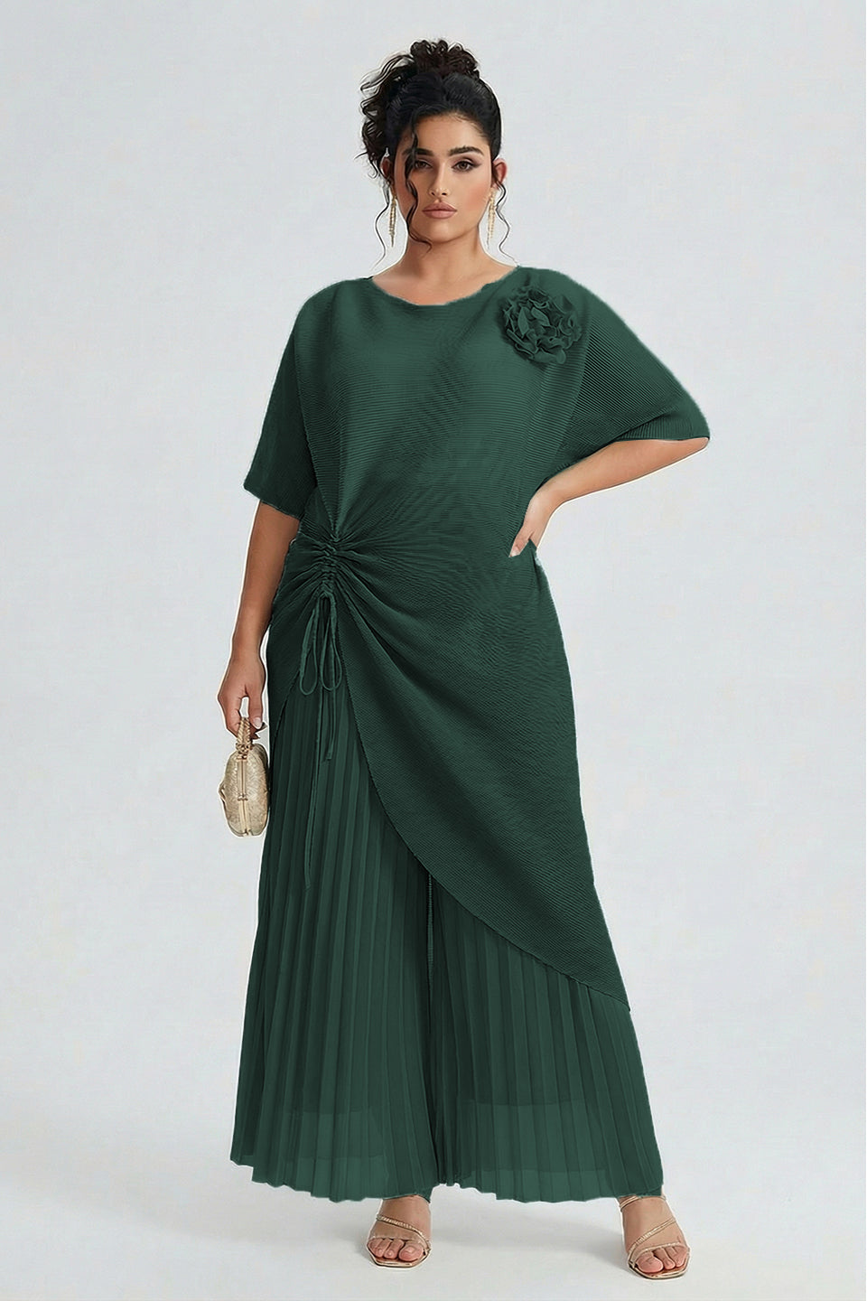Curveins Plus Size Round Neck Short Sleeve Robe and Wide-Leg Pants Set