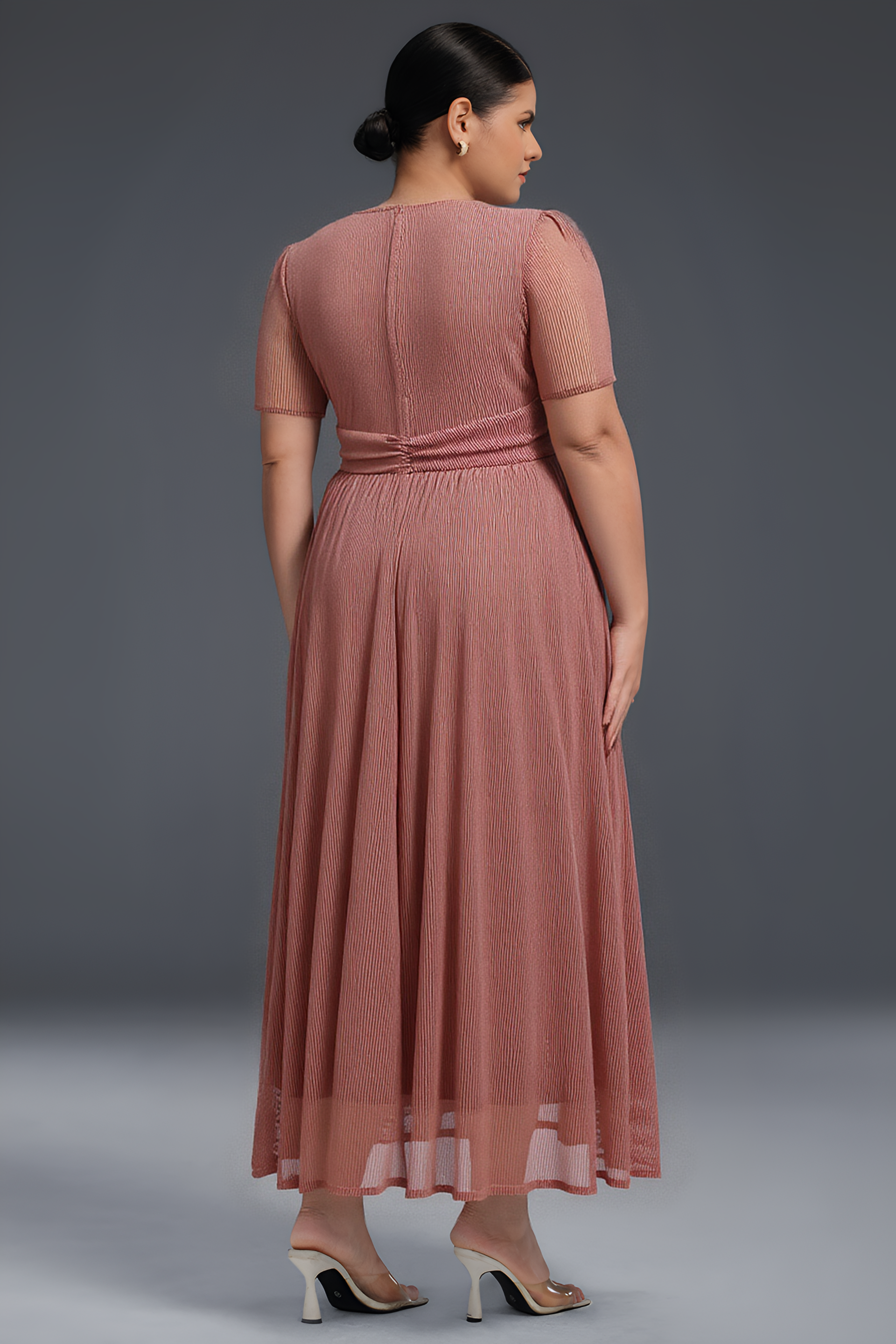 Curveins Plus Size V-Neck Short Sleeve Ruffle Hem Maxi Dress-Pink