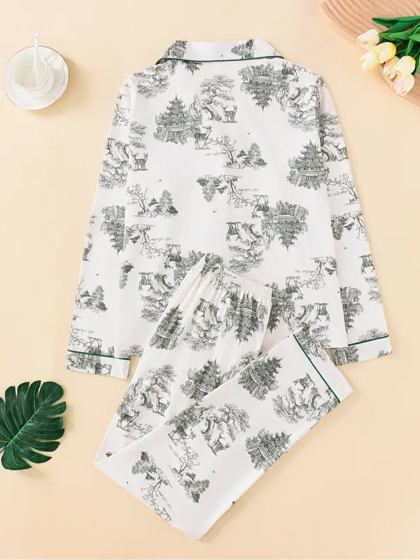 Two-Piece Set Women's All Over Print Button Front Pocket Lapel Shirt & Elastic Waist Pants Pyjama, Casual Comfy Long Sleeve Top & Trousers PJ Set, Women's Sleepwear for Spring & Fall