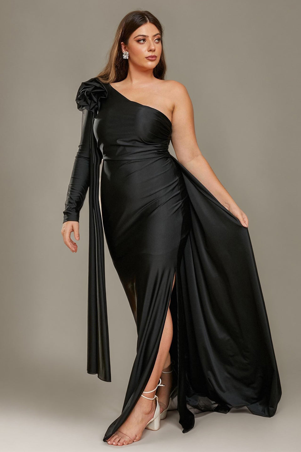 Curveins Plus Size Elegant One Shoulder 3D Floral Sash Detail High Slit Bodycon Maxi Dress