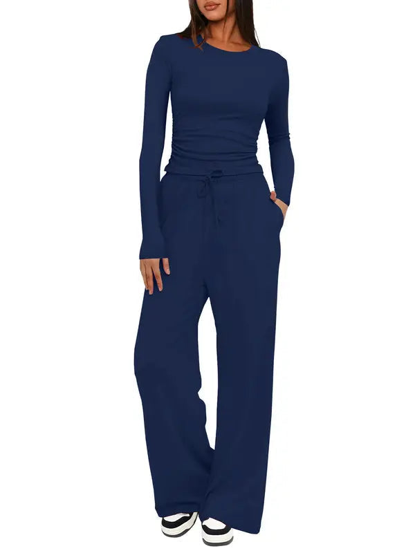 Women's Solid Ruched Drawstring Loungewear Set, Casual Long Sleeve Round Neck Top & Pocket Wide Leg Trousers, Ladies Sleepwear for All Seasons