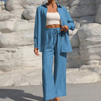 Women's Solid Button Front Shirt & Tie Front Wide Leg Pants Two-piece Set, Casual Drop Shoulder Long Sleeve Blouse Top & Trousers 2 Piece Set for Spring & Fall, Women's Clothes for Daily Wear Womenswear Suits Apricot Basic Minimalist