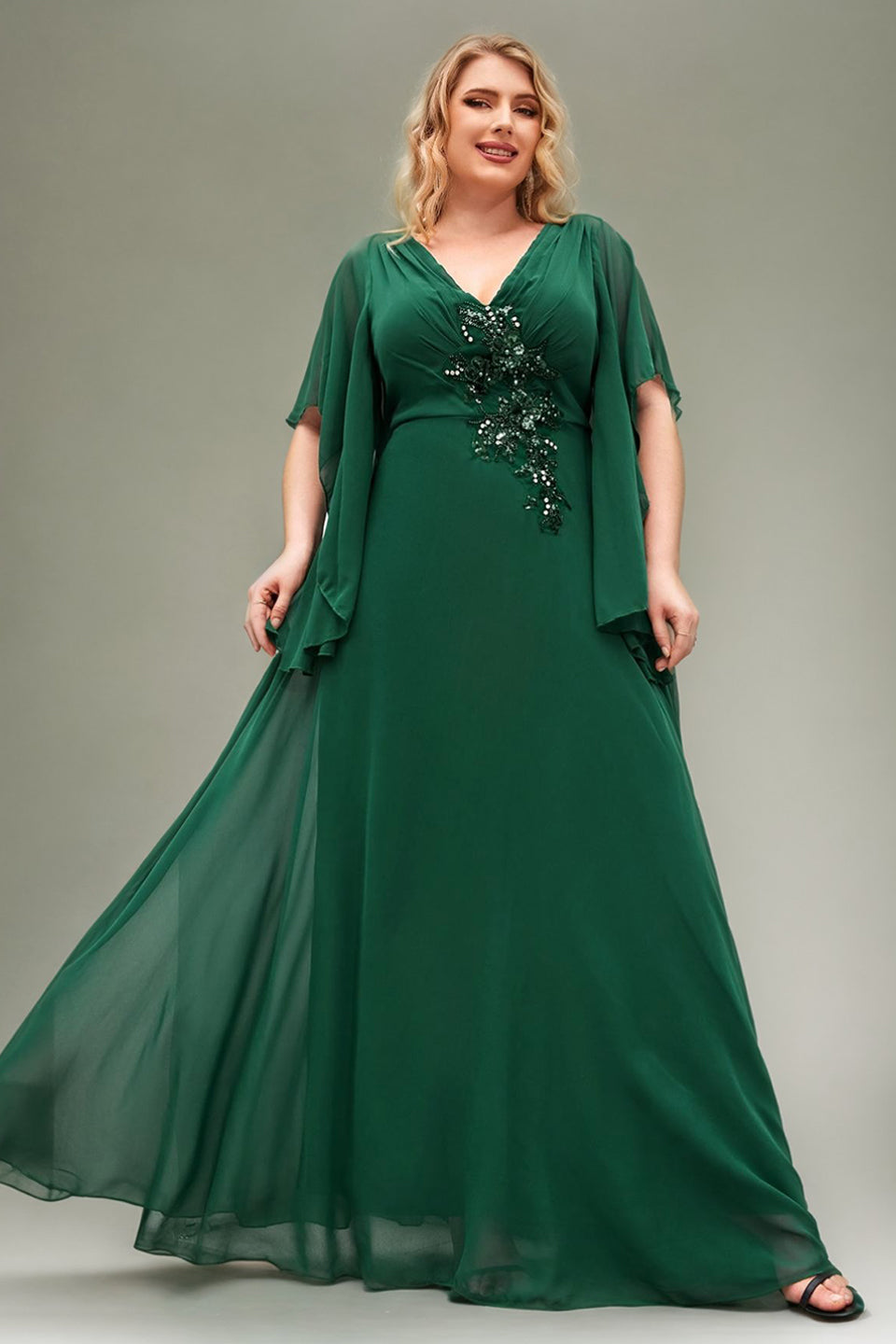 Curveins Plus Size V Neck Batwing Sleeve Chiffon Maxi Dress Elegant Flowing Fit