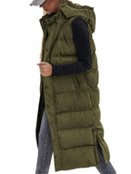 Women's Long Puffer Vest with Quilted Hood and Button Down Closure for Winter Coat 2025 - Tops, Womenswear