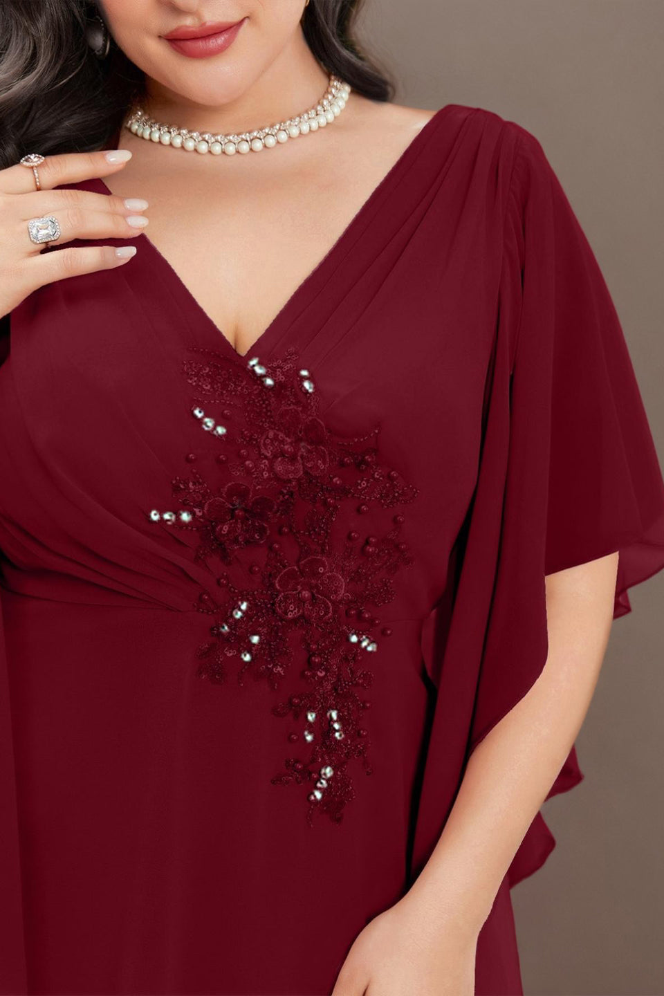 Curveins Plus Size V Neck Batwing Sleeve Chiffon Maxi Dress Elegant Flowing Fit