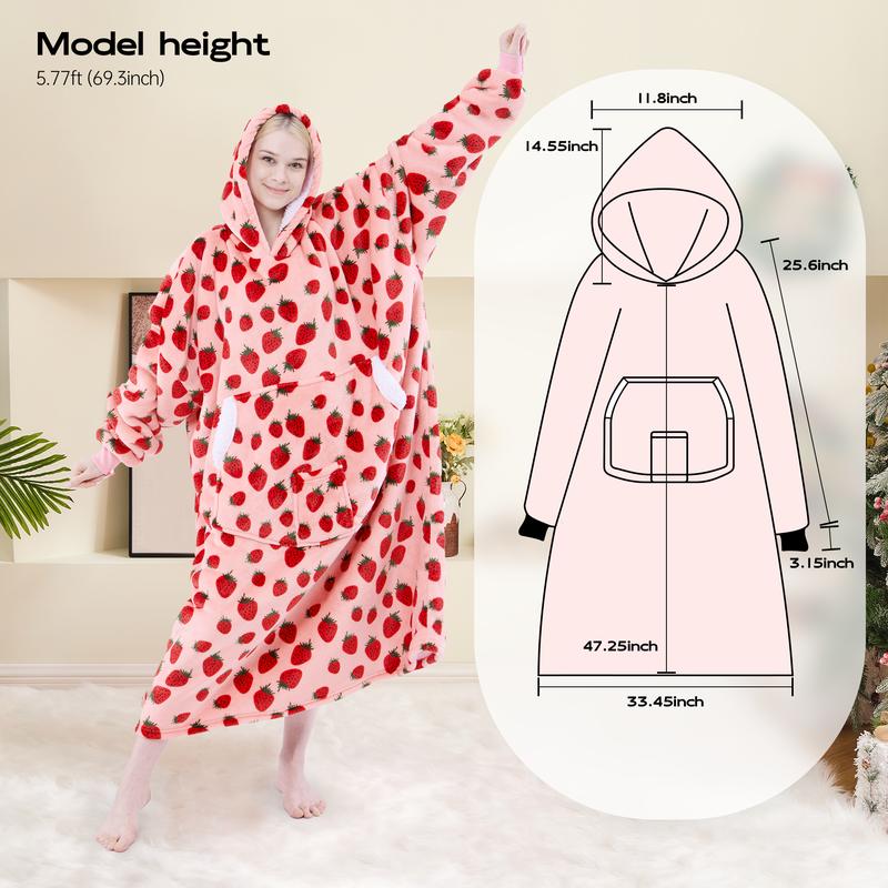 Wearable Blanket Hoodie Oversized Sherpa Fleece Hooded Sweatshirt Blanket with Sleeves,Cozy and Giant Blanket Hoodie Extra Long for Adults Women Winter Gift (Strawberry)